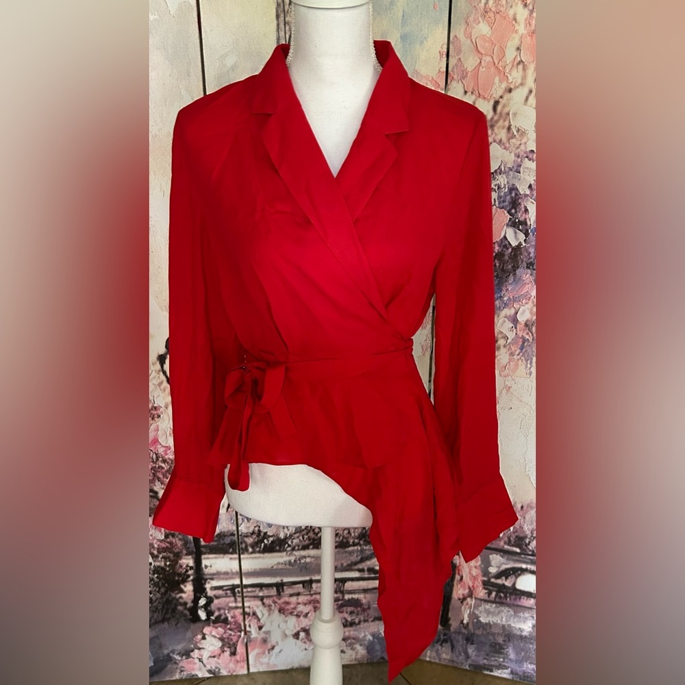 Venus - Chic Red Wrap Blouse with Asymmetrical Hem. Size 12